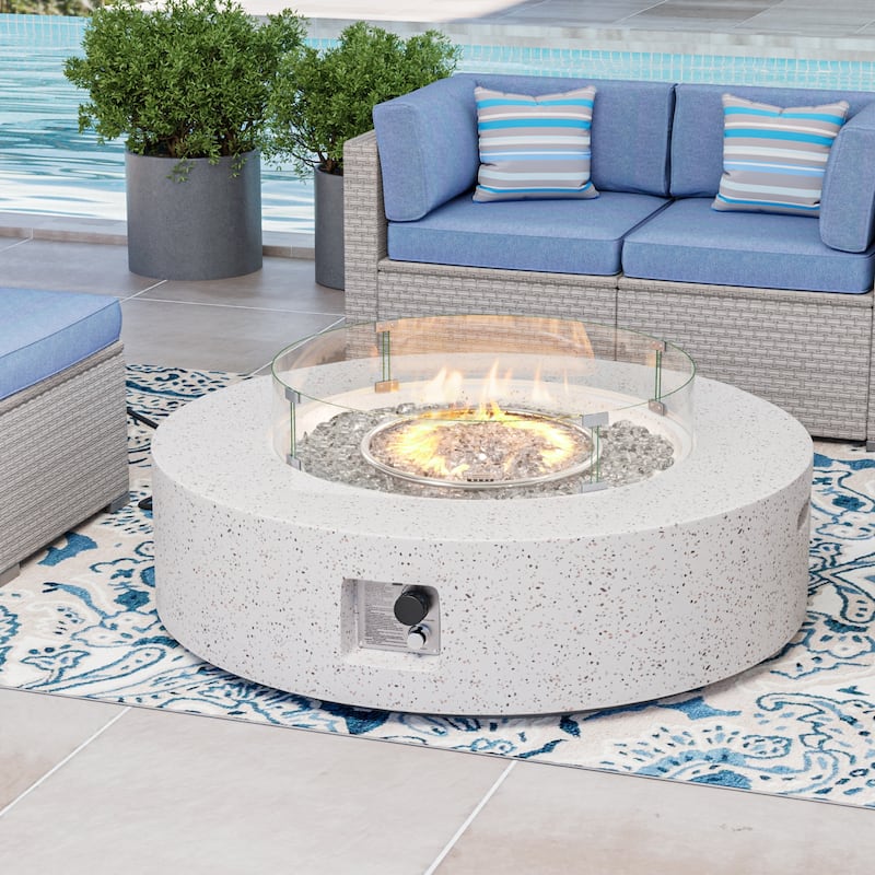 COSIEST 42'' Outdoor Round Propane Fire Pit w Wind Guard and Fire Glass - White+Transparent grey fire glass