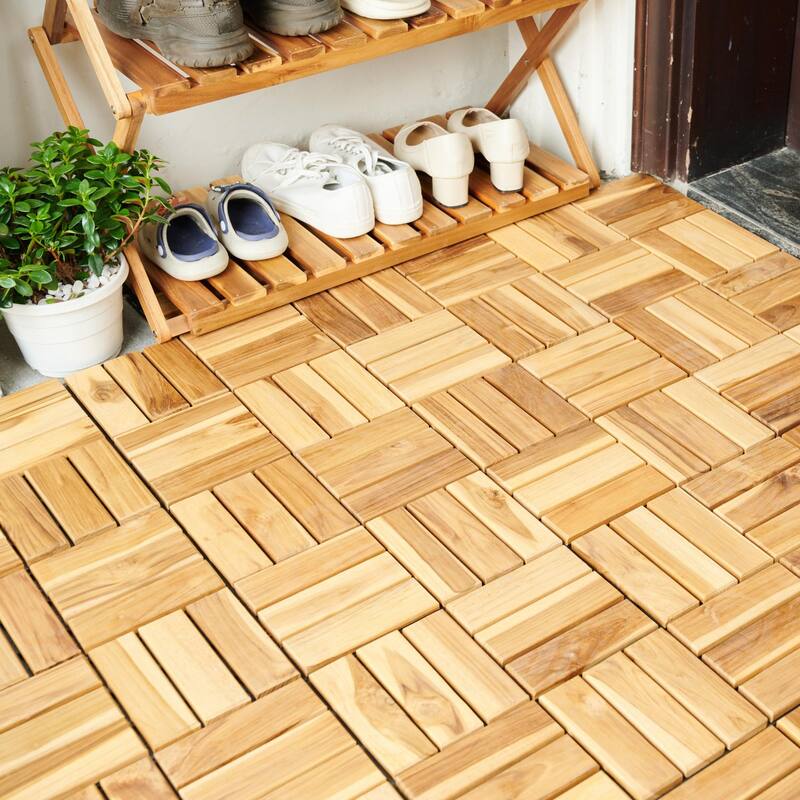 10 PCS Interlocking Deck Tiles Checker Pattern, 12" x 12" Square Acacia Hardwood Outdoor Flooring for Patio,Bancony,Pool Side