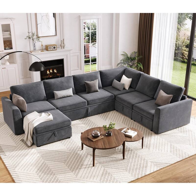 U Shaped Sectional Sleeper Sofa with Pull Out Bed, Chenille Modular Sectional Sofa
