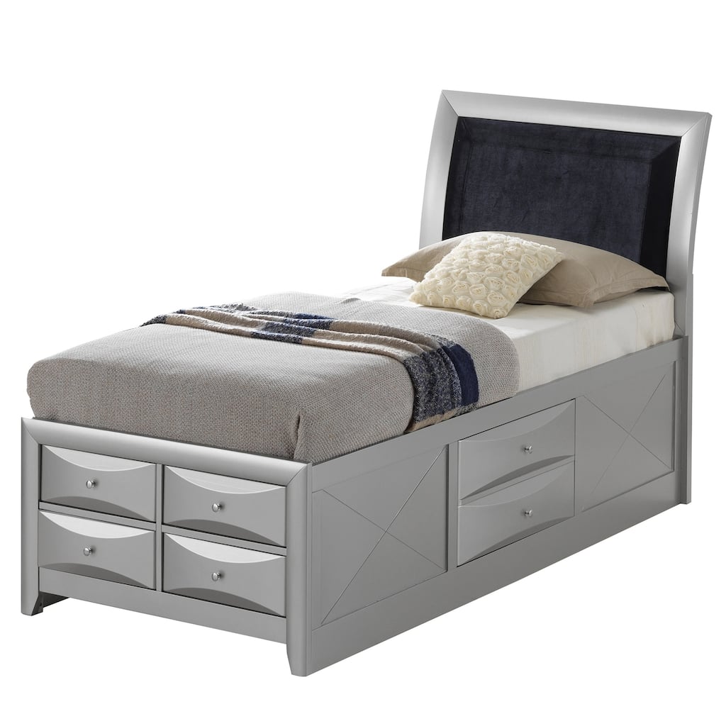Wooden Panel Twin Bed with Drawers and Shelves - 87" - Silver