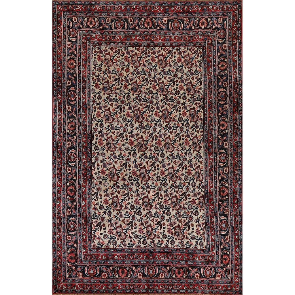 Vegetable Dye Floral Mashad Antique Persian Wool Carpet - 6'7" x 10'2"