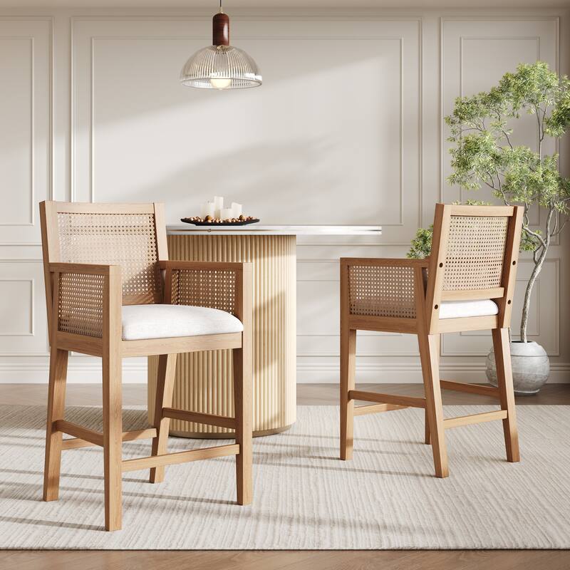 Christopher Knight Home - French Country Wood & Rattan Counter Stools with Upholstered Seat and Arms - Set of 2 - Natural