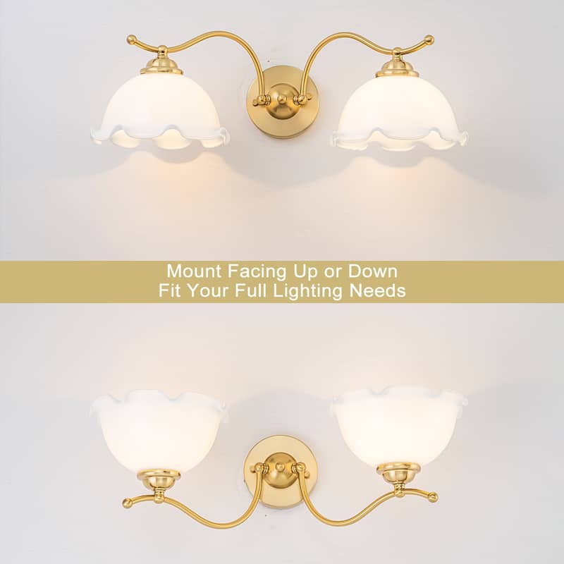 2-Light Gold Metal Wall Sconce with Flower Milky White Glass Shades