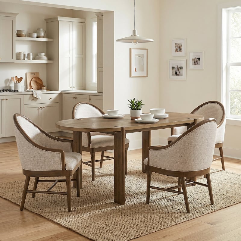 Christopher Knight Home - Farmhouse Dining Set with Modern Walnut-Finished Wooden Oval Dining Table and Upholstered Chairs - 5-Piece