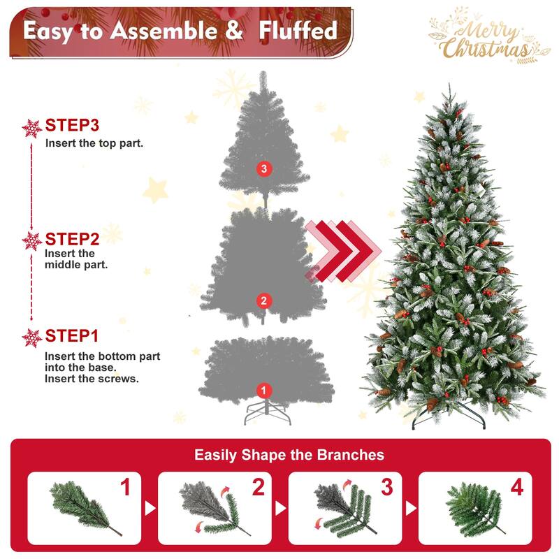 Artificial Christmas Tree - Snow-Dusted PE/PVC Branches, Red Berries, Pine Cones, Metal Stand - Green,White