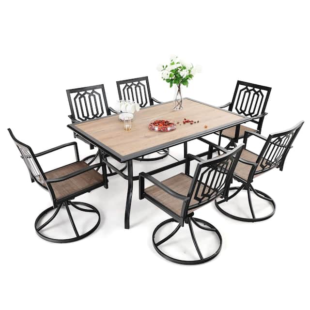 MFSTUDIO 7PCS Patio Dining Set, Large Rectangular Wood Like Top Table with 6 Textilene Fabric Swivel Chairs - Black - 7-Piece Sets