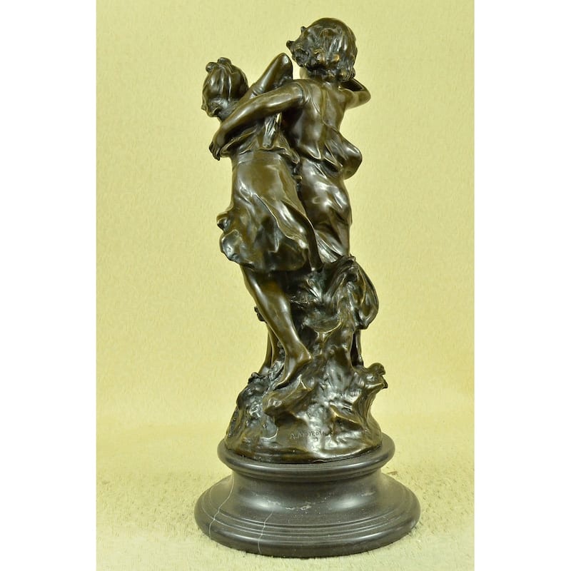 Signed Original Boy And Girl Walking Outdoor Bronze Sculpture Marble Base Statue