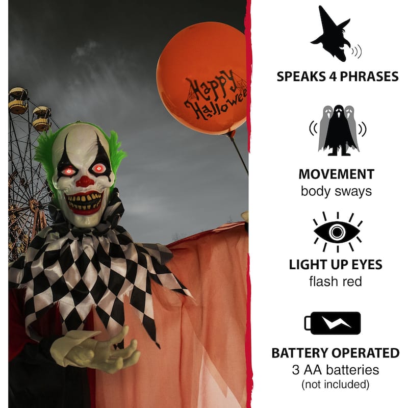 Haunted Hill Farm Life-Size Animatronic Clown, Indoor/Outdoor Halloween Decoration, Flashing Red Eyes, Poseable, Battery