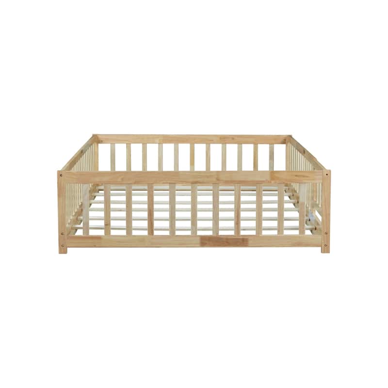 Roomfitters Twin/Full Floor Bed with Surround Fence, Rubber Wood Platform with Guardrails and Slats, Natural