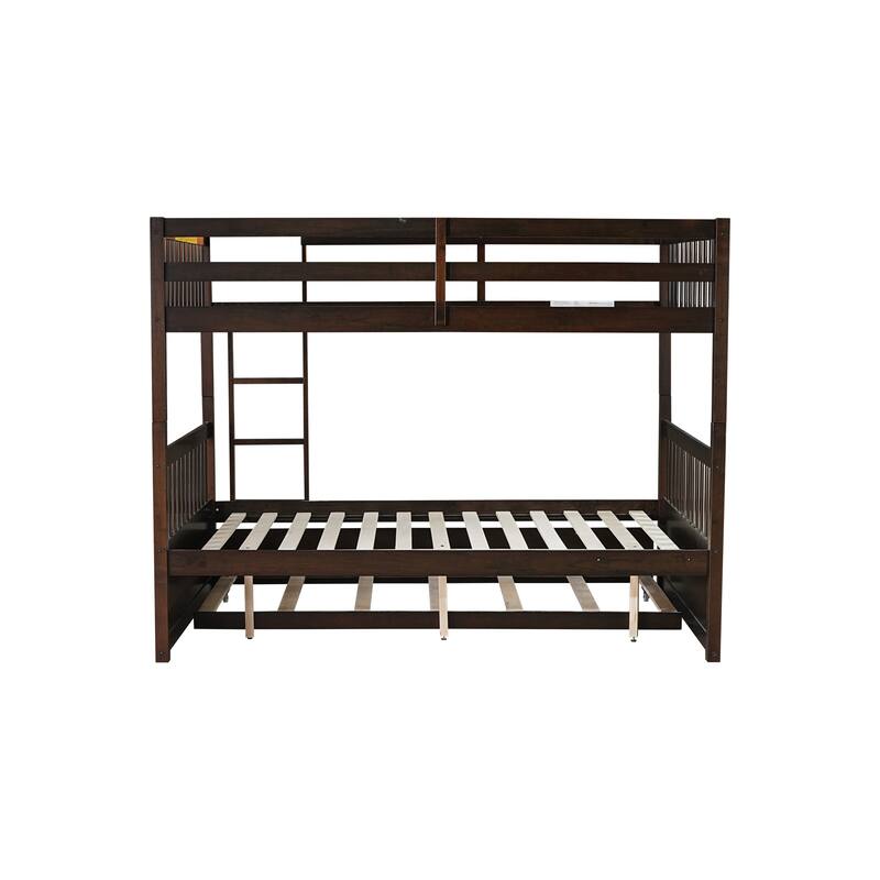 Roomfitters Full Over Full Rubber Wood Bunk Bed with Trundle, Convertible Design, Ladder and Safety Guardrails, Espresso