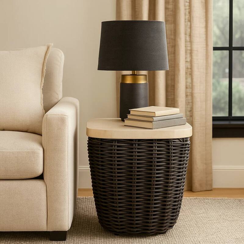 Kimo Outdoor Square End Table, Dark Brown Wicker Details, 23 Inch