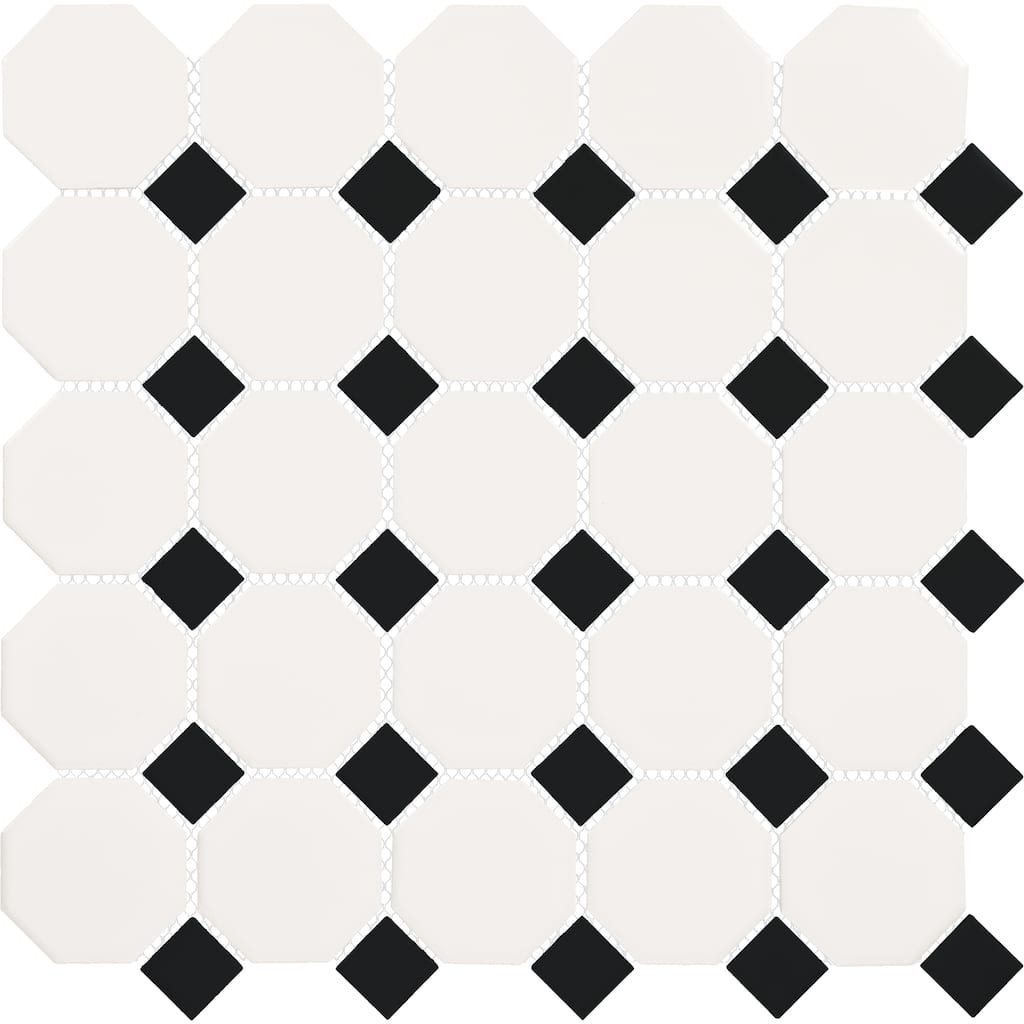 Daltile Octagon and Dot 2 x 2 Ceramic Mosaic Wall & Floor Tile in White/Black, 10PK - 12x12