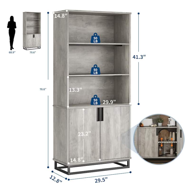 71" Tall Bookcase with Doors, 5-Tier Farmhouse Bookshelf with Storage Cabinet & Adjustable Shelves