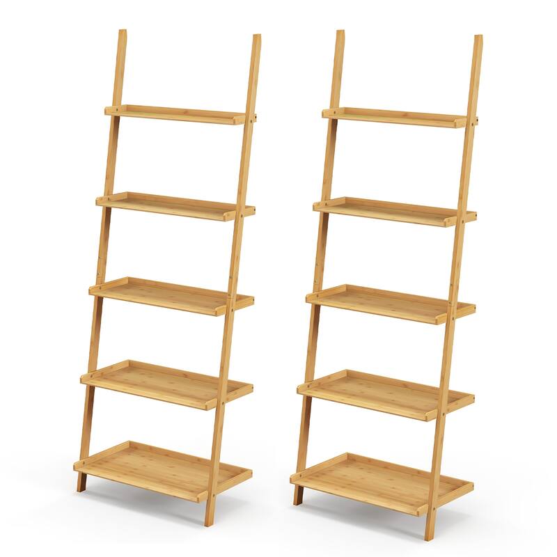 Costway 2 PCS 5-Tier Bamboo Ladder Shelf Wall-Leaning Display Bookcase - See Details