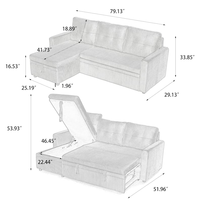 Modern Pull Out Sectional Sofa Bed Couch with Storage Chaise for Living Room