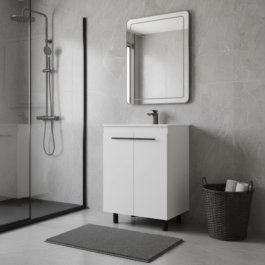 HomeRoots 24" White Wood Freestanding Double Door Bathroom Vanity With Sink - 23.80 in. x 34.10 in. x 18.10 in.