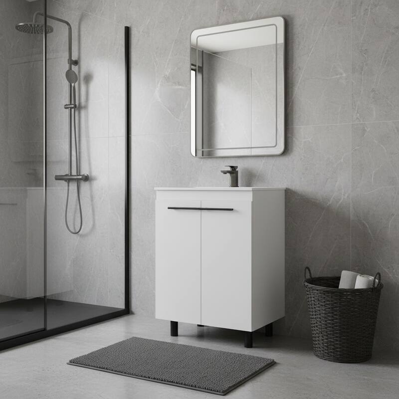 HomeRoots 24" White Wood Freestanding Double Door Bathroom Vanity With Sink - 23.80 in. x 34.10 in. x 18.10 in. - 23.80 in. x 34.10 in. x 18.10 in. - Polished - White