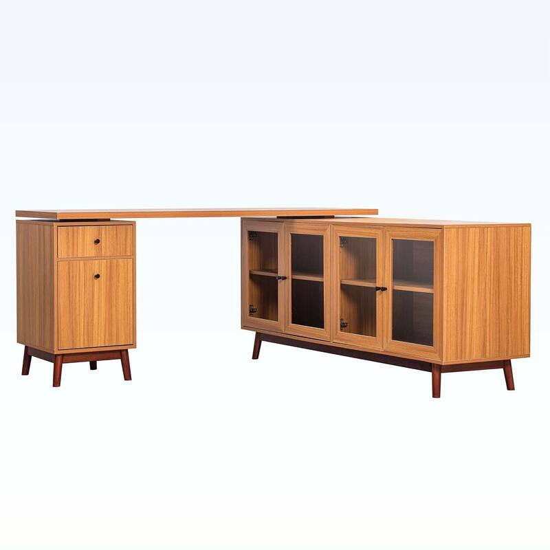 Modern L-shaped Executive Desk with delicate tempered glass Cabinet Storage - Teak