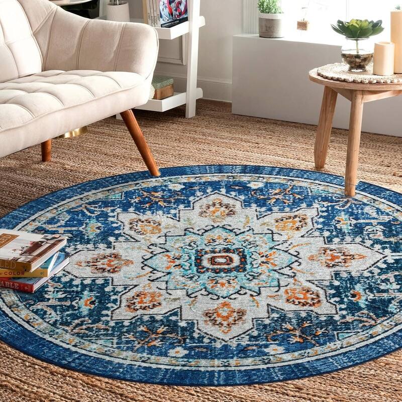 Round Rug 5ft Area Washable Boho Neutral Circle Rugs - 5' (Round) - Floral Aqua Yellow