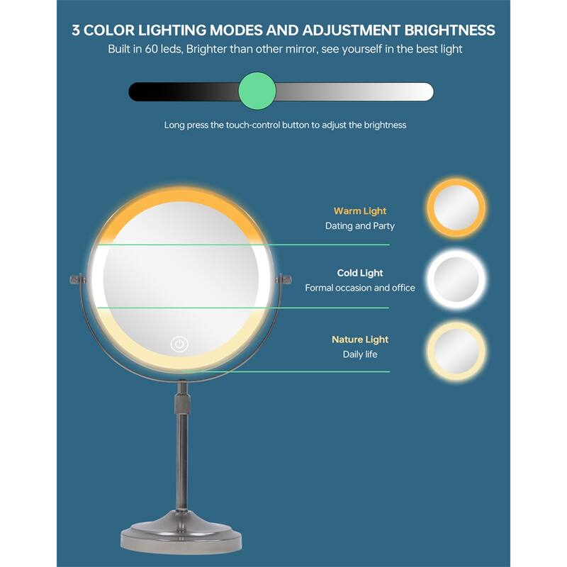9" Lighted Makeup Double Sided 1X/10 Magnification Mirror, 3 Lighting