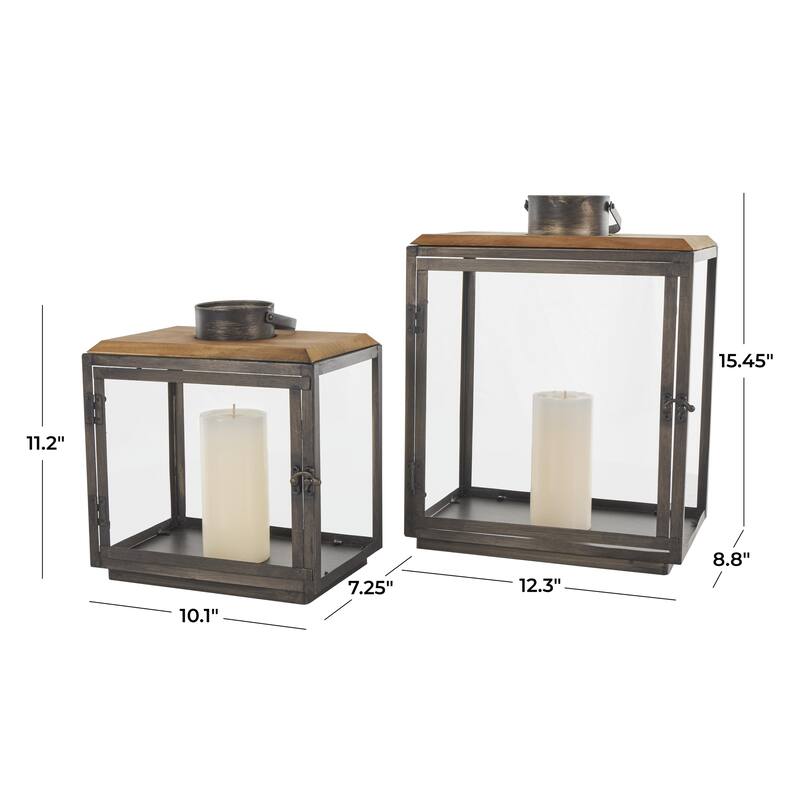 Metal Brushed Rectangular Indoor Outdoor Candle Lantern with Brown Wood Tops - Set of 2 Dark Gray - Roche River Decor