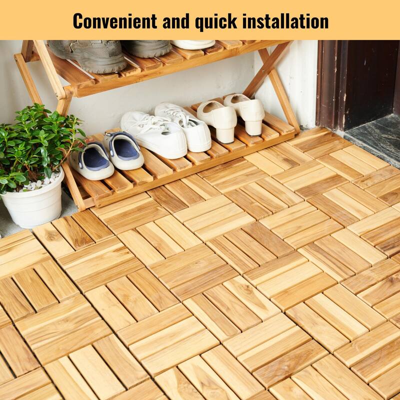10 PCS Interlocking Deck Tiles Checker Pattern, 12" x 12" Square Acacia Hardwood Outdoor Flooring for Patio,Bancony,Pool Side