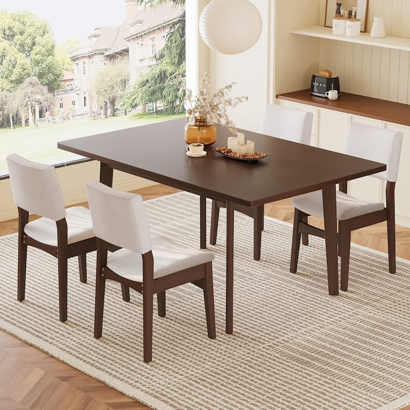 Farmhouse Dining Table Set for 4, Wooden Dining Roon Table and Wood Chairs, 5-Piece Modern Dining Set with 4 Upholstered Chairs - Dark Walnut