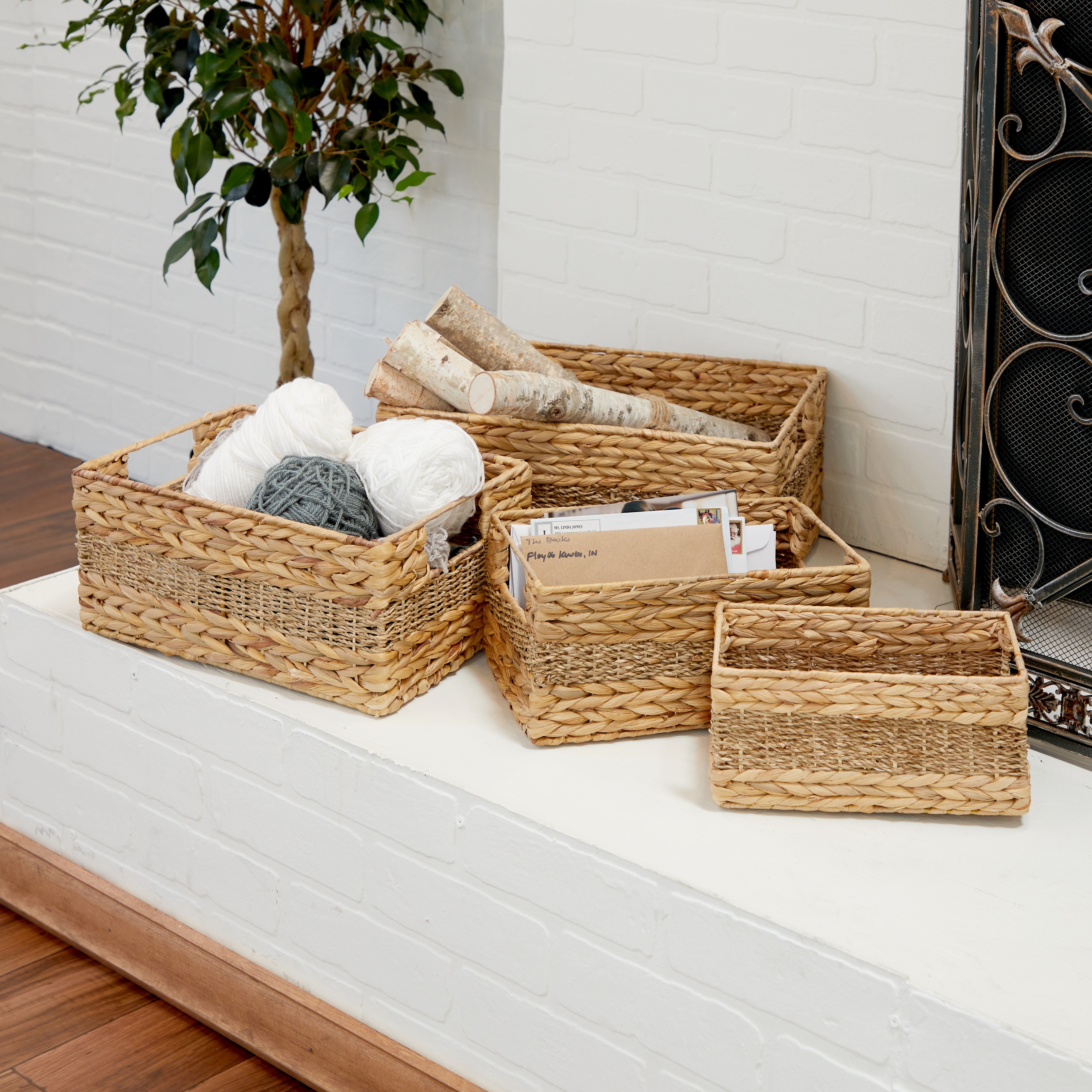 Set of Two Wicker Storage Baskets with Long Handles - 14.9606 W x 14.9606  D x 9.4488 H - Bed Bath & Beyond - 34768956