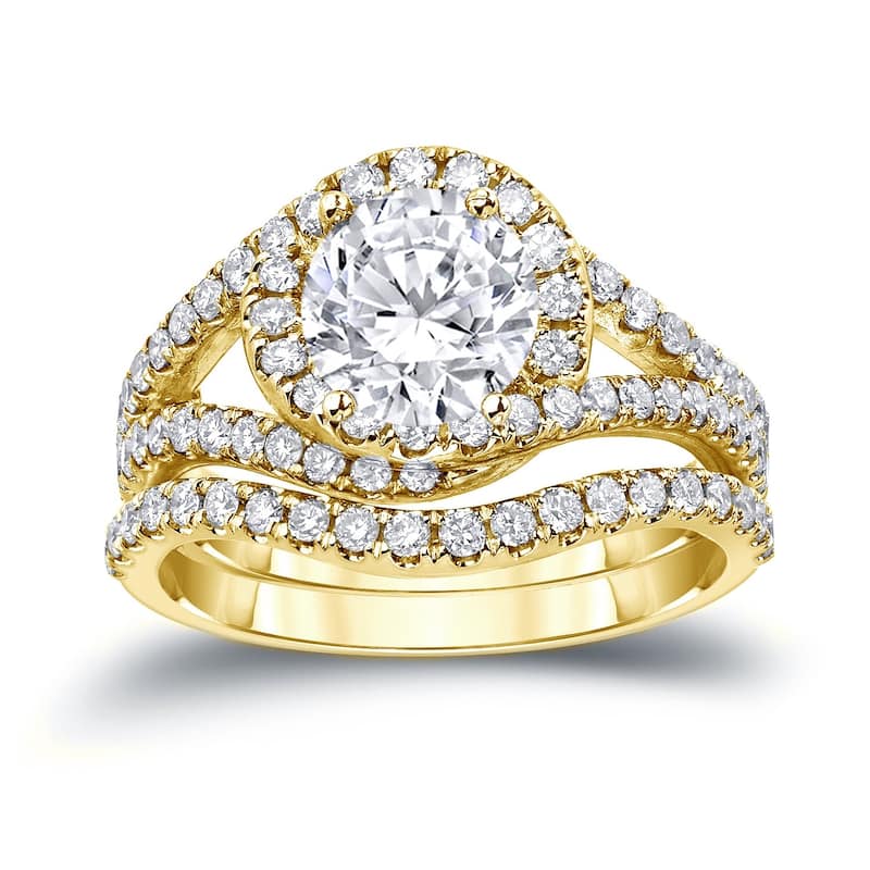 Auriya 14k Gold 1 7/8ctw Halo Diamond Engagement Ring Set Certified - Yellow - 4