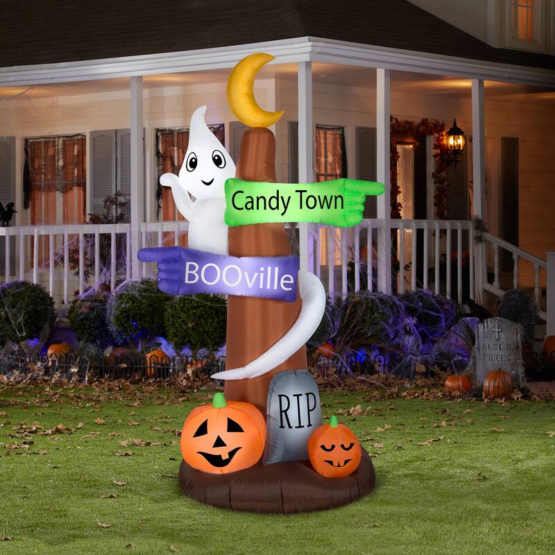 National Tree Company Halloween Inflatable Signpost and Ghost, 8 feet