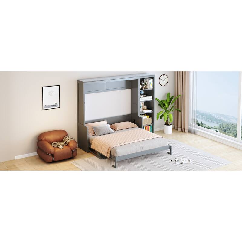 Queen Size Murphy Bed with Desk and Bookshelf in Gray, Space-saving Design