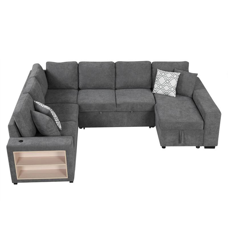 109" U-Shaped 6-Seater Sectional Sofa with Pull-Out Bed, Storage Chaise Lounge, 4 Back Pillows, and USB Charging Ports