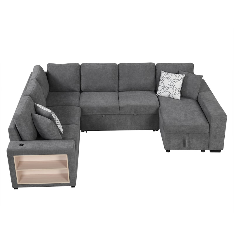 Grey 109" U-Shaped 6-Seat Sectional Sofa with Pull-Out Bed, Storage Chaise Lounge, 4 Back Pillows, and USB Charging Ports