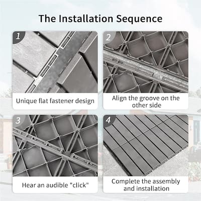 Patio Interlocking Deck Tiles, 12"x12"Square Composite Decking Tiles, Four Slat Plastic Outdoor Flooring Tile (Dark Grey;Brown)