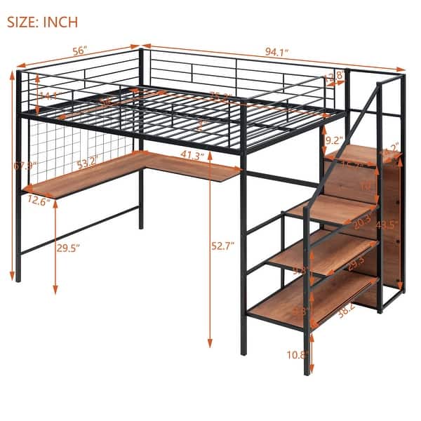 dimension image slide 1 of 2, Full Size Metal Loft Bed with Desk and, Stylish Metal Frame with Lateral Storage Ladder and Wardrobe, Black