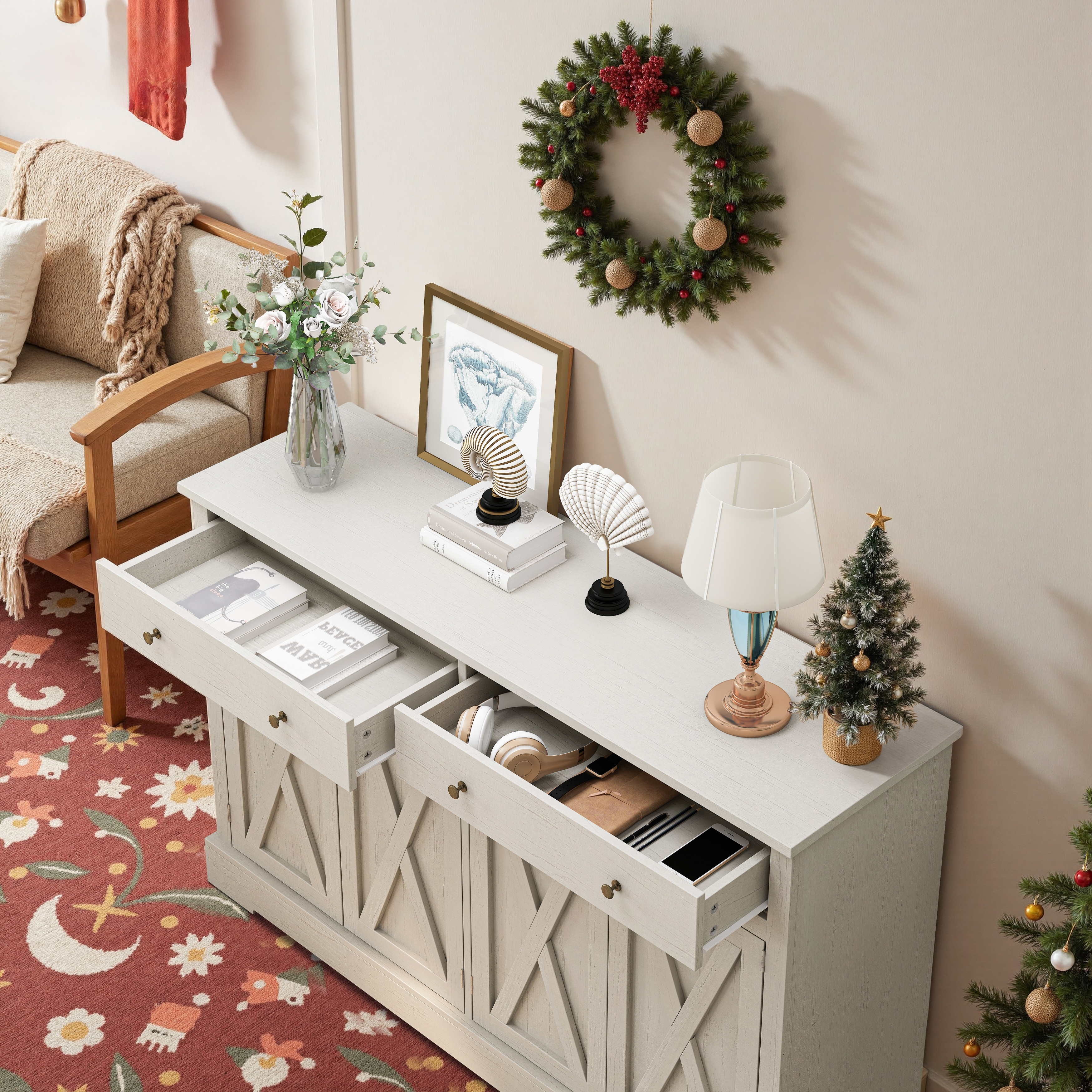 Vintage White Sideboard with Two Drawers and Four Doors for Living Room