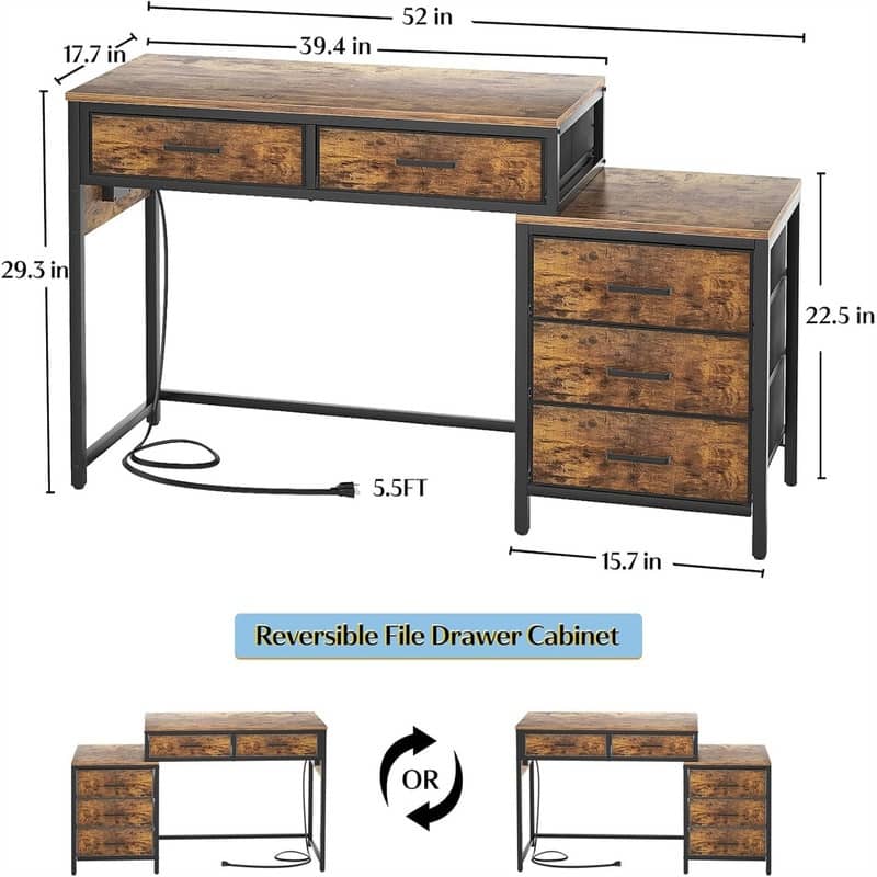 Sturdy Writing Table with File Cabinet Printer Stand - 52"D x 17.7"W x 29.3"H