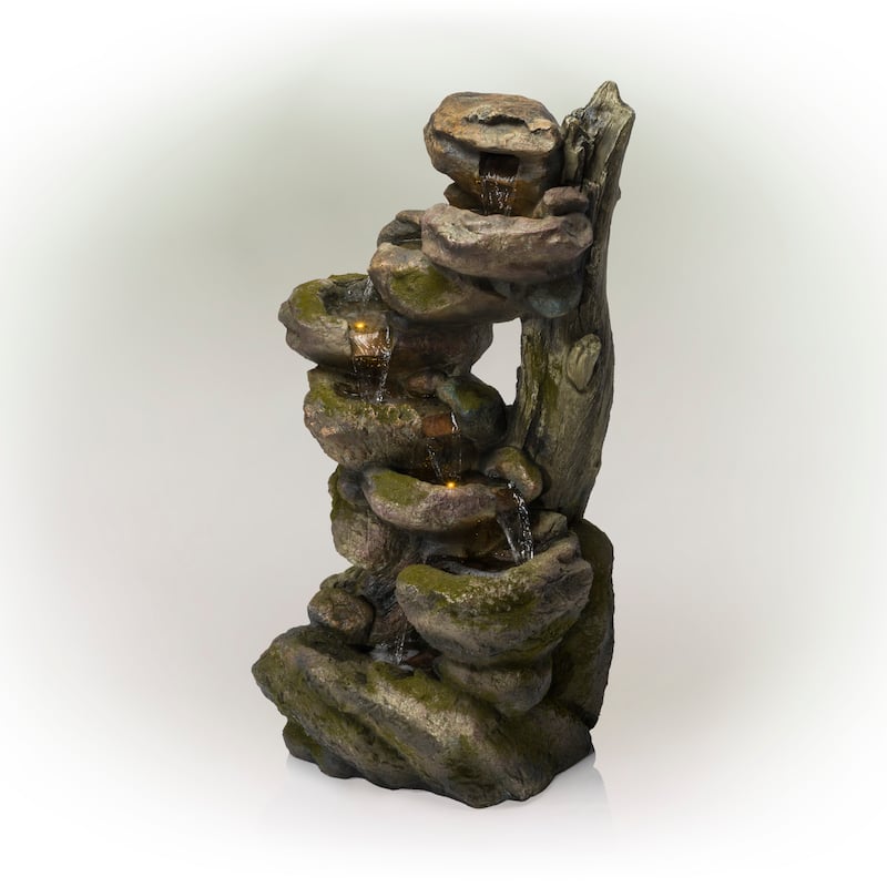 Alpine Corporation WIN1008 39" Gray Outdoor Floor Aged Stone Water Fountain with LED Lights
