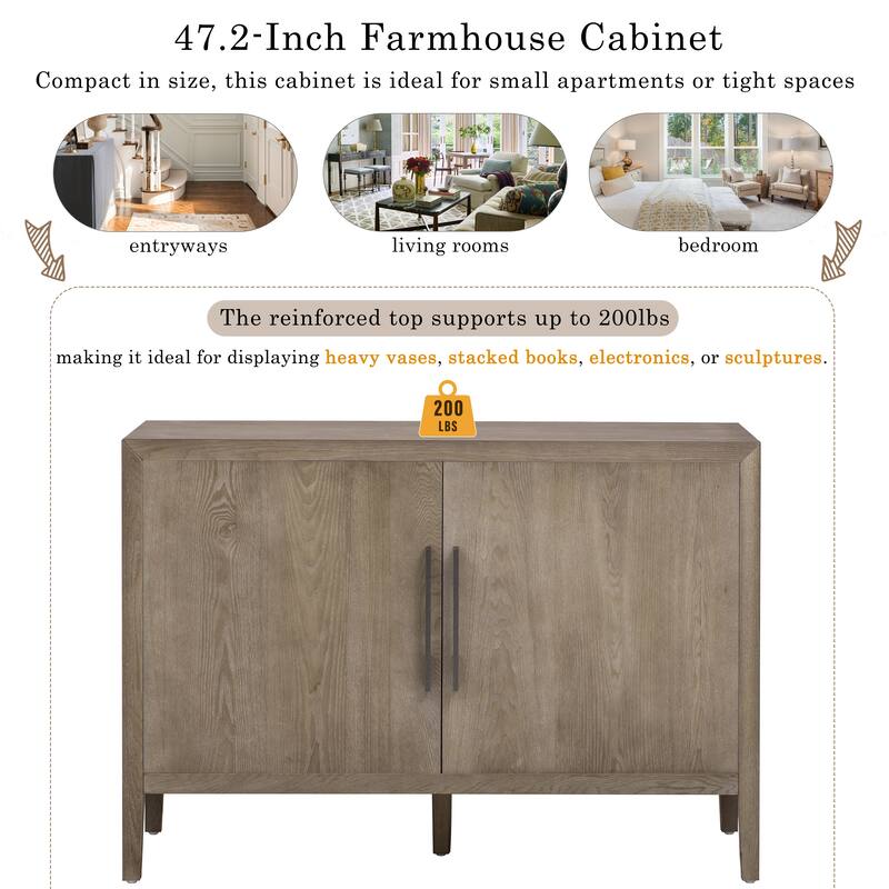 47.2" Farmhouse Wooden Sideboard with Ash Veneer, Double Doors & Iron Handles, Retro Buffet Storage Cabinet