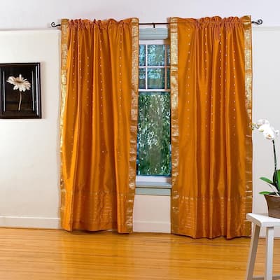 Mustard Yellow Rod Pocket Sheer Sari Curtain / Drape / Panel - Pair