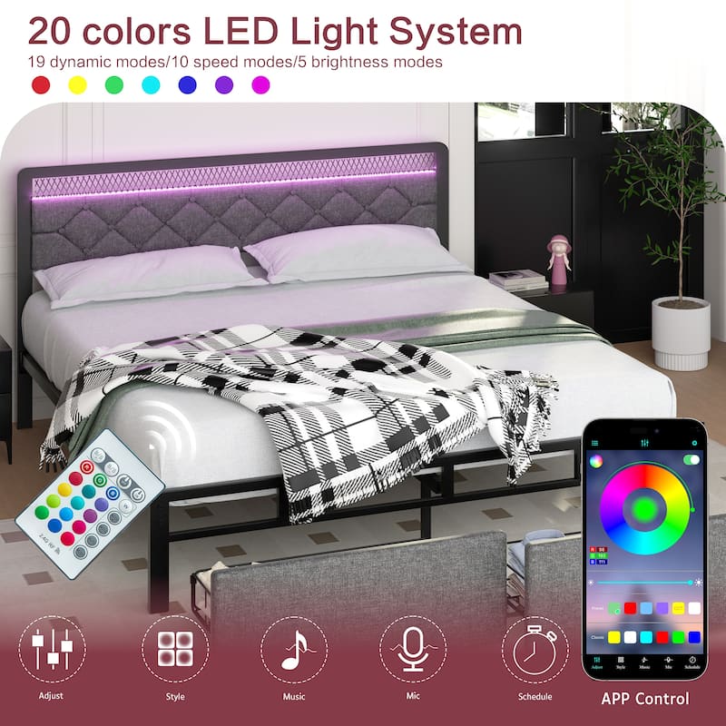 Full & Queen Size Bed Frame with LED Headboard, USB Charging – Modern Platform Bed Base with Under-Bed Clearance