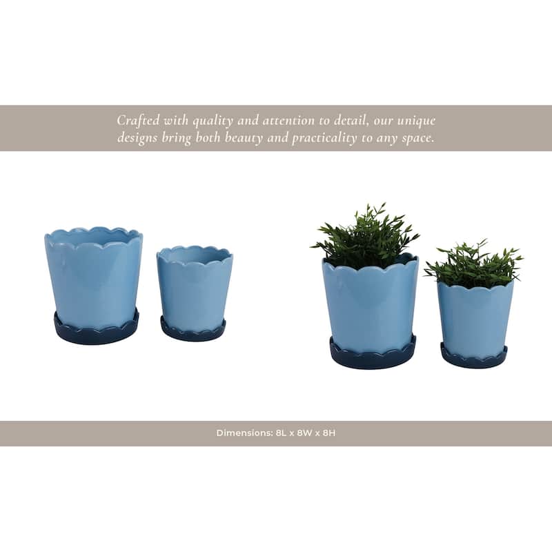 Ceramic Saucer Planters Scalloped Edge Design Modern Shape (Set of 2) - 8" x 8" x 8"