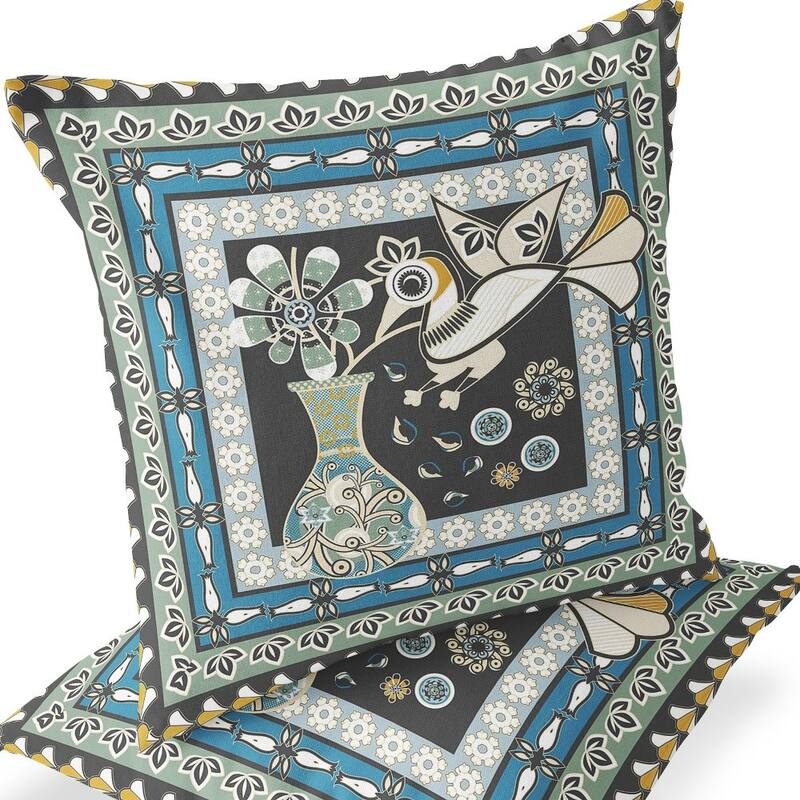 HomeRoots Set of Two 16" X 16" Black and Blue Peacock Blown Seam Floral Indoor Outdoor Throw Pillow - 16.00' X '16.00' X '5.00