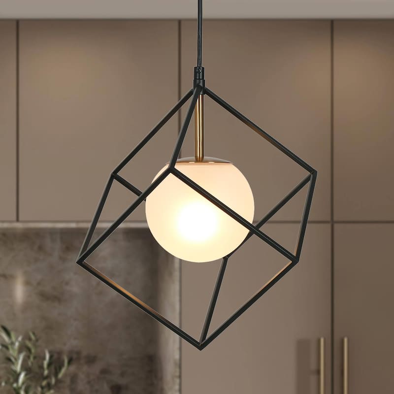 Modern Farmhouse 1-Light Black Gold Cage Kitchen Island Pendant Lights with Globe Frosted Glass - 11" L x 11" W x 14.5" H