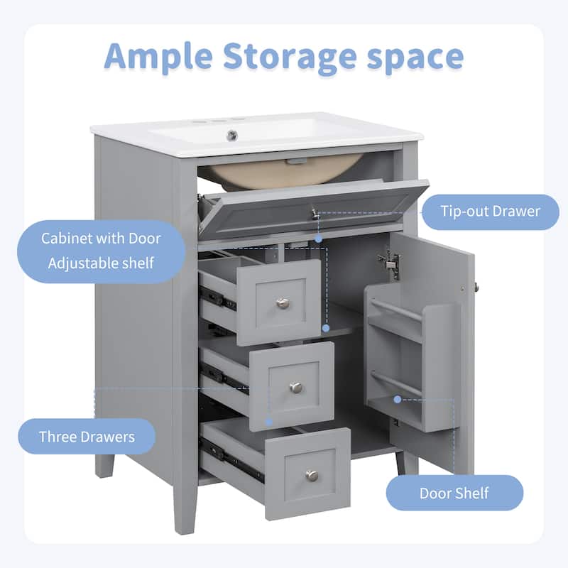 24" Bathroom Vanity with Sink, MDF & Rubberwood Construction, 3 Drawers & Cabinet with Adjustable Shelves