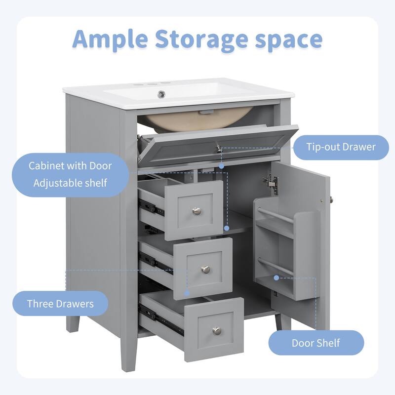 Roomfitters 24" Bathroom Vanity with Sink, Solid Wood Legs, 4 Drawers & Cabinet with Adjustable Shelf