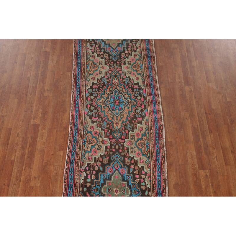 Geometric Hamedan Persian Vintage Runner Rug Handmade Wool Carpet - 3'1"x 10'3"