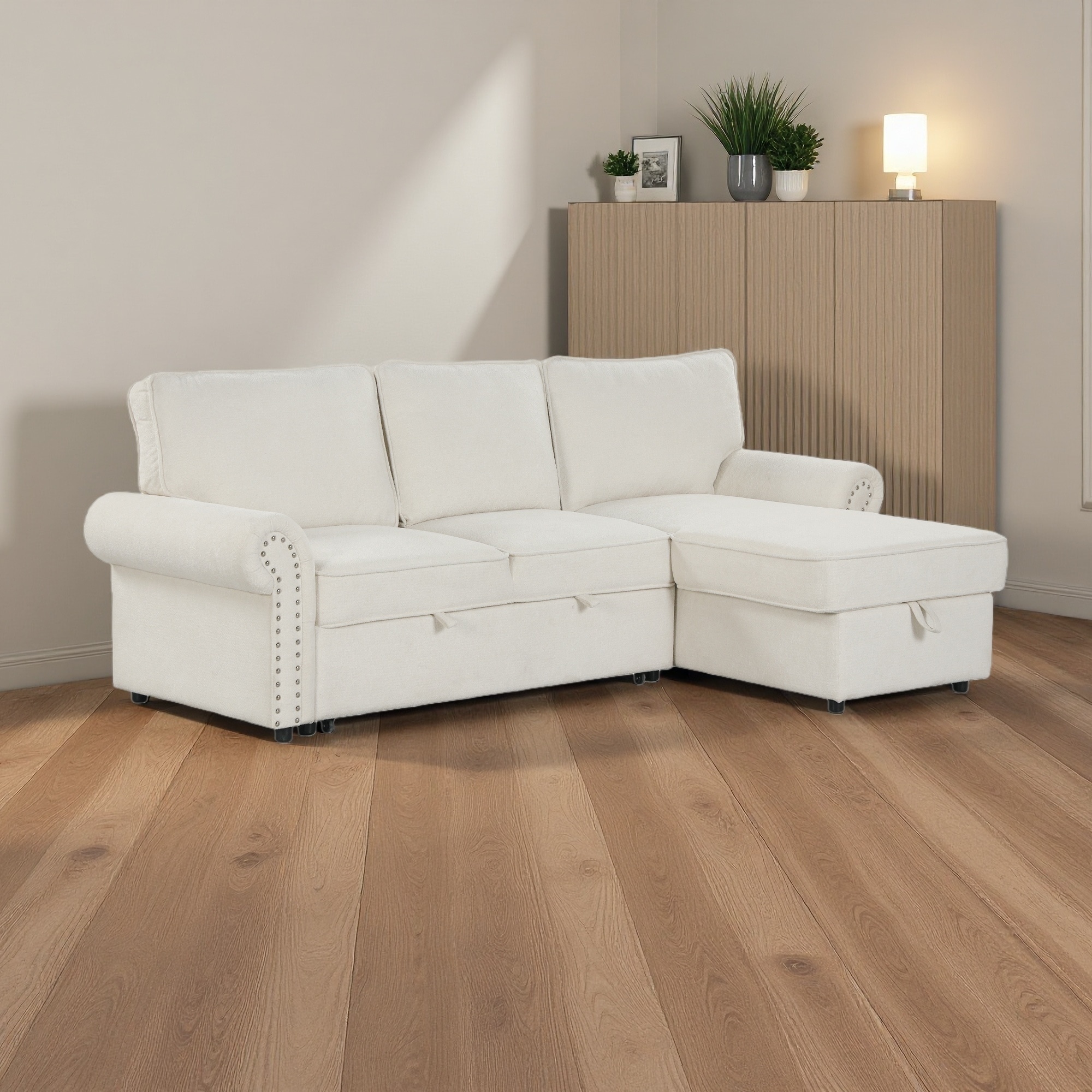 95" Polyester Convertible Sectional Sleeper Sofa with Storage Chaise, 2 Cup Holders and Arc Armrests