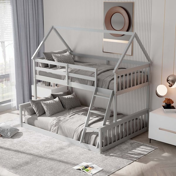 slide 2 of 7, Twin Over Full House Bunk Bed with Ladder Convertible to 2 Beds