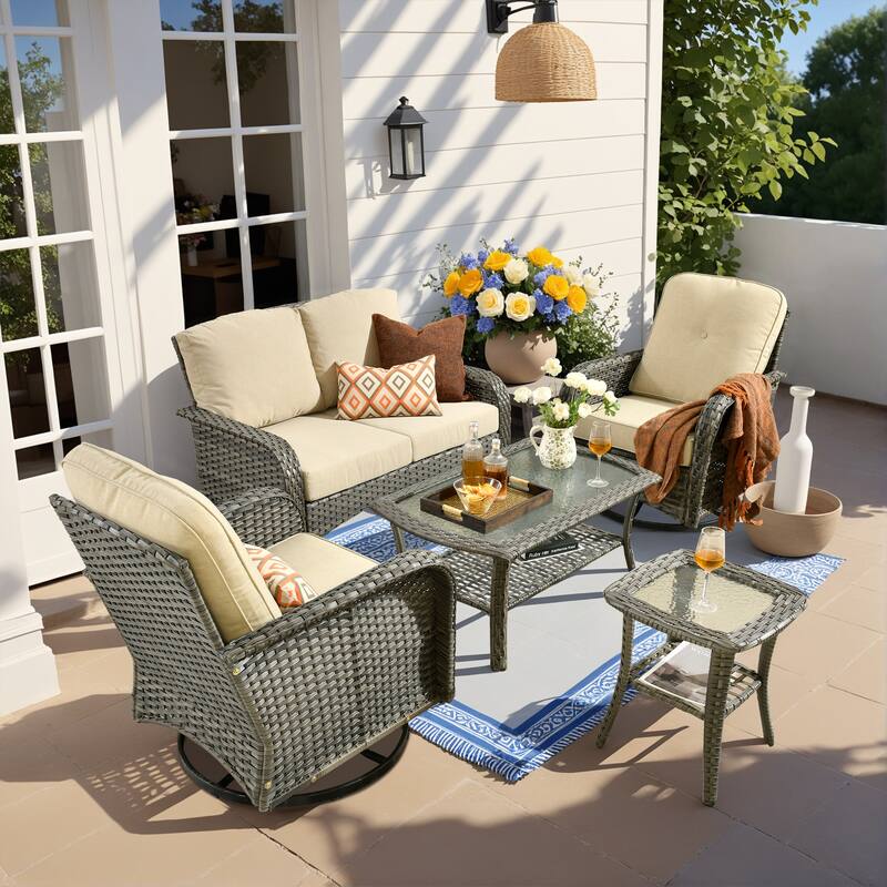 OVIOS 5 Piece Outdoor Wicker Loveseat Rocking Chair Set - Beige